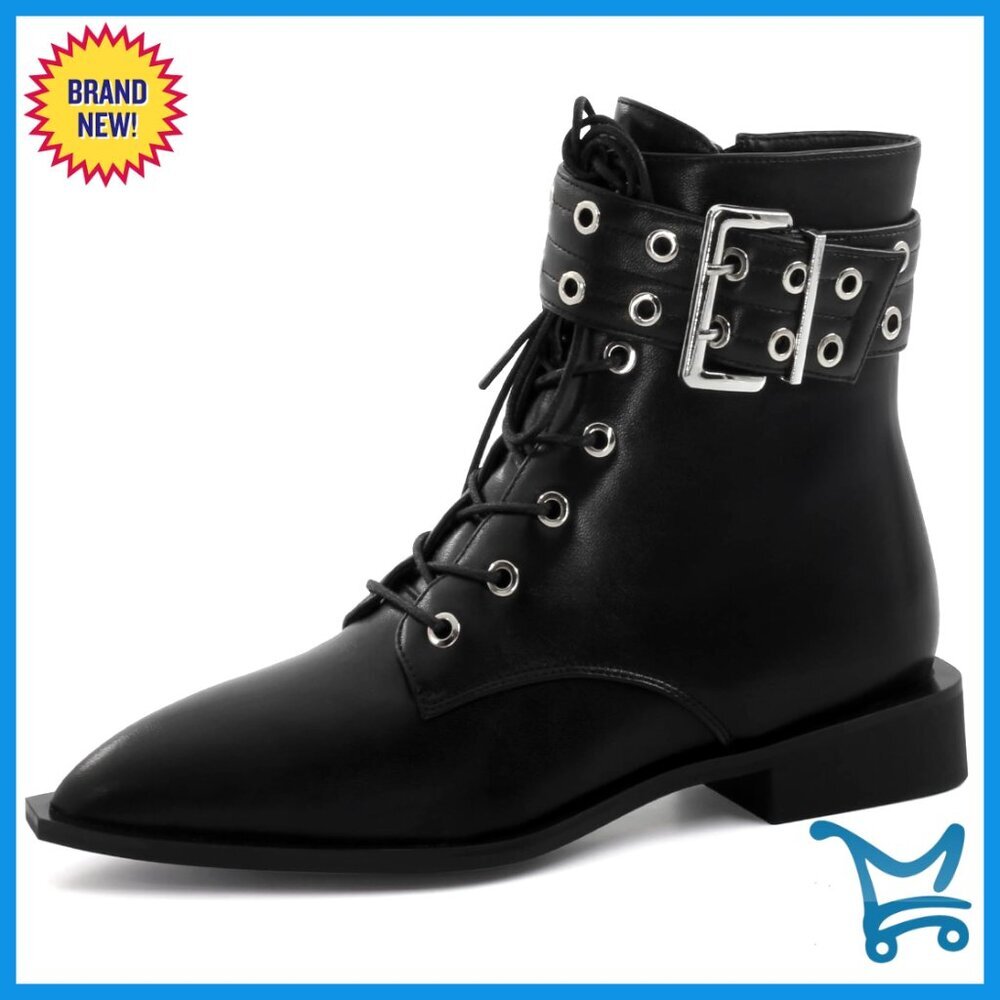 Chunky Low Heel Ankle Boots with Buckle and Zipper, Pointy Toe